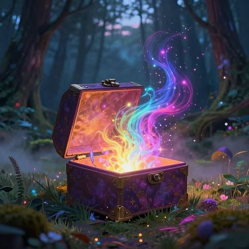 Magical forest scene with an open, glowing treasure chest emitting vibrant, colorful flames and swirling lights amidst lush foliage and mushrooms.