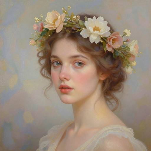 Digital painting of a young woman with fair skin, blue eyes, and curly brown hair, wearing a floral head wreath and a white, lace-tr