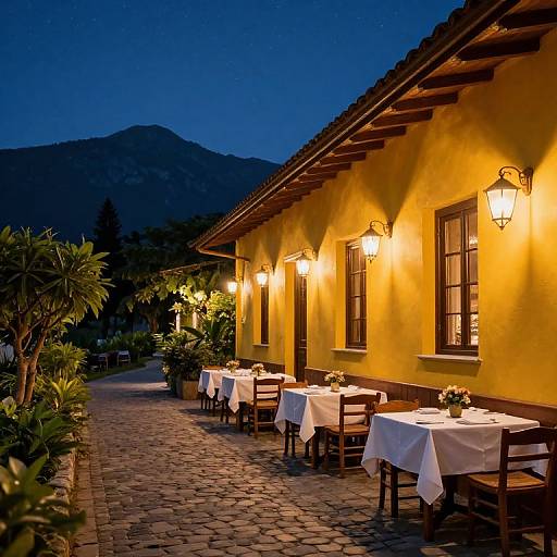 Photograph of a yellow stucco restaurant at dusk, with lit lanterns, white tablecloths, and mountain view in the background. Cob