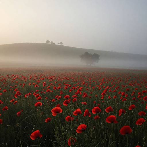 Melancholic Foggy Red Poppy Field