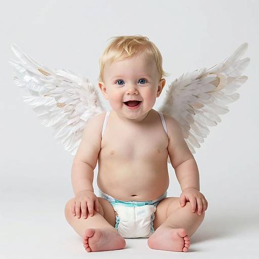 Photograph of a chubby, blonde baby with blue eyes, sitting and smiling, wearing a white diaper and angel wings, against a white background.