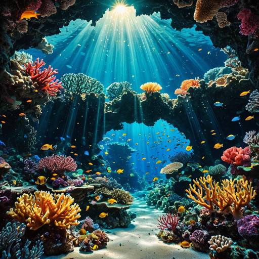 Vibrant Coral Reef in Bioluminescent Underwater Cavern