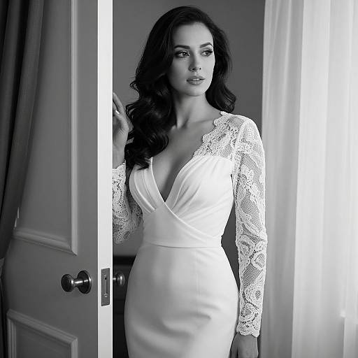 Black-and-white photograph of a beautiful woman with long, wavy dark hair, wearing a deep V-neck lace and satin wedding dress, standing in a