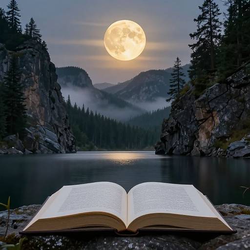 Photograph of an open book in the foreground, with a full moon over a misty mountain lake, surrounded by pine trees.