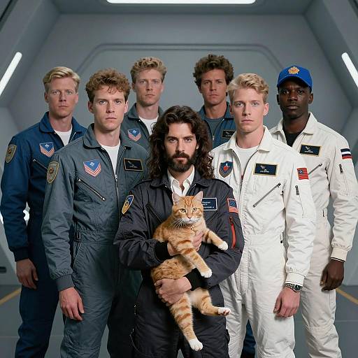 Futuristic Group in Flight Suits with Cat
