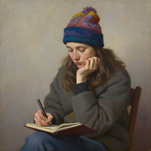 Photograph of a young woman with long brown hair, wearing a colorful knit beanie and gray coat, writing in an open book while seated against a