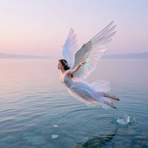 Photograph of a winged woman in a white, flowing dress, flying over calm, reflective water at dawn, creating ripples below.