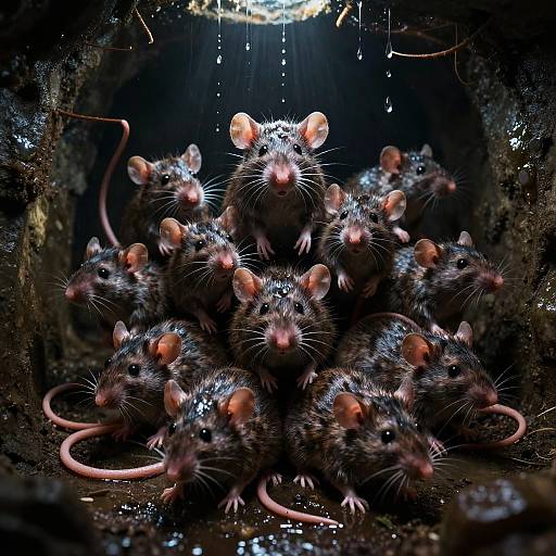 Photograph of a cluster of wet, dark brown rats with pink ears and tails, illuminated by a dim light from above.
