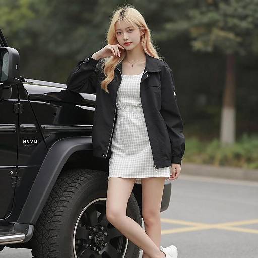 Young Woman Posing by Black Vehicle