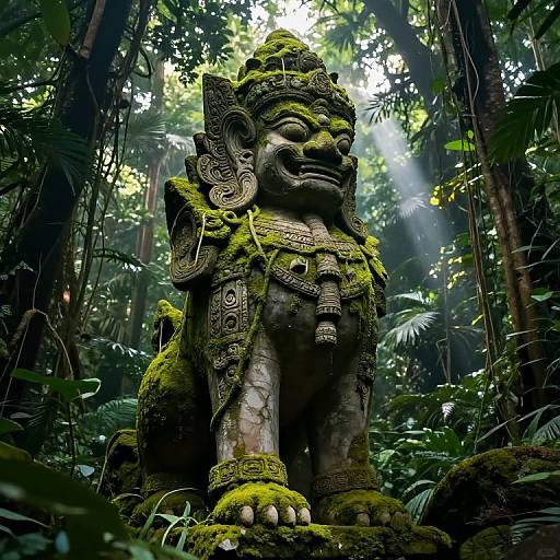 Photograph of a moss-covered, ancient stone guardian statue with intricate armor, standing in a dense, sunlit jungle. Light filters through lush foliage.