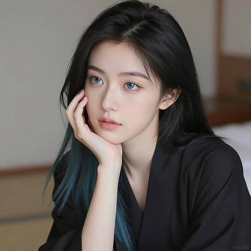 Asian Woman in Black Kimono with Blue-Green Hair Tips