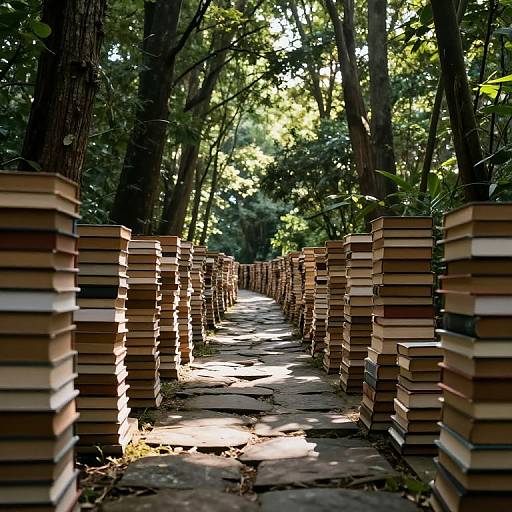 Photograph of a sunlit forest path lined with stacks of colorful books on both sides, creating a whimsical, literary walkway.
