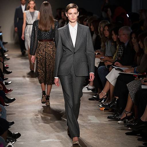 Photograph of a male model in a dark gray checkered suit, white shirt, and brown shoes, walking a fashion runway with seated audience in the