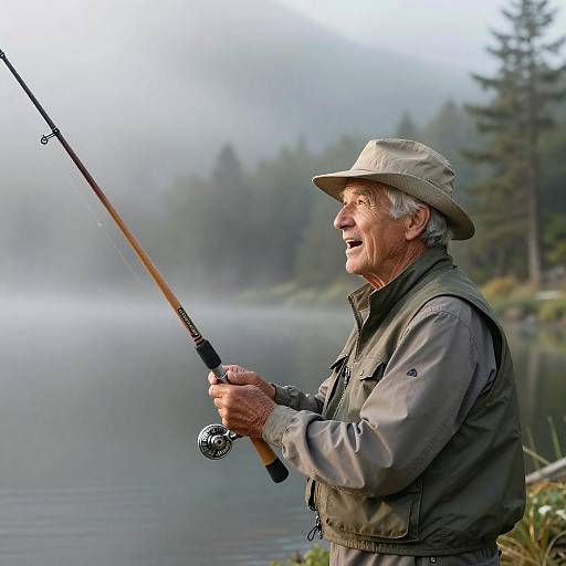Joyful Elderly Fisherman at Misty Lake