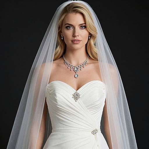Photograph of a blonde bride with blue eyes, wearing a strapless white wedding dress, silver necklace, and long veil against a black background.