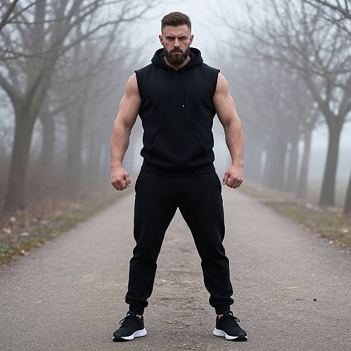 Muscular Man on Foggy Forest Path