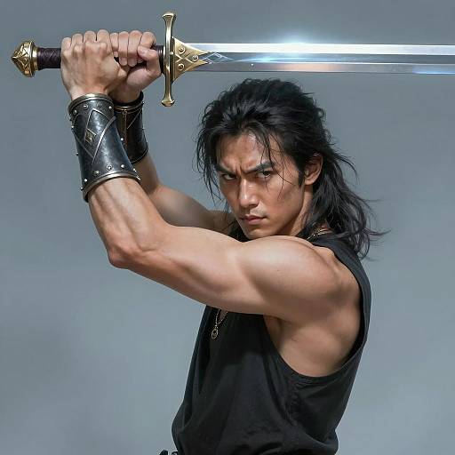 Muscular man with glowing sword poised to strike