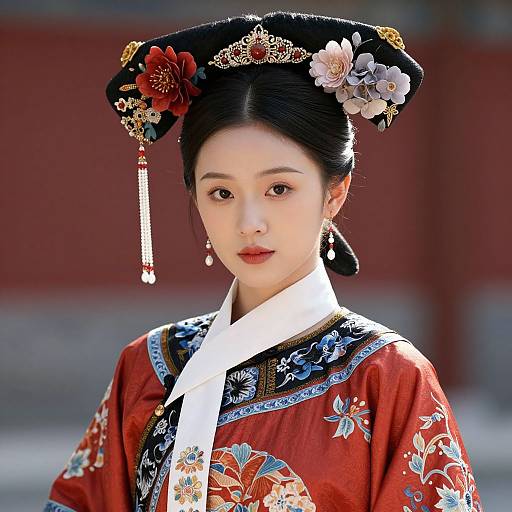 Photograph of a beautiful Asian woman in traditional red and gold floral kimono with intricate patterns, black hair styled in a traditional updo adorned with flowers