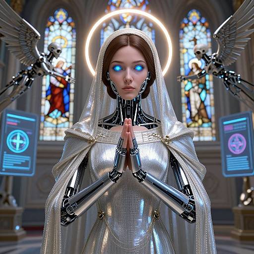 Digital artwork of a cyborg nun with glowing blue eyes, praying in a church with stained glass windows, robotic wings, and holographic screens.