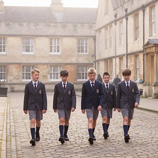 Photograph of five young white boys in dark blue school uniforms, gray shorts, and black socks, walking on a cobblestone street in front of