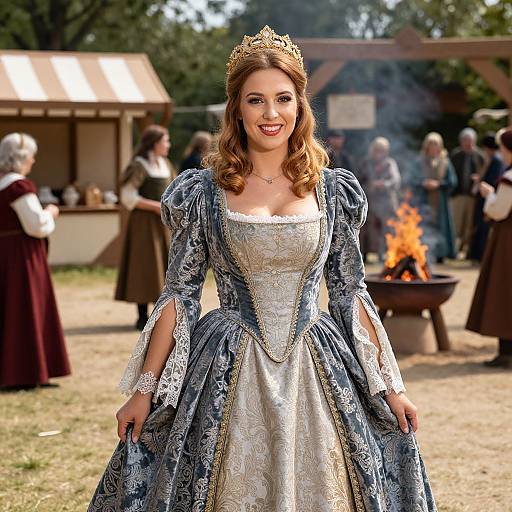Photograph of a smiling woman in Renaissance-style blue and white gown, gold crown, standing in front of a campfire, medieval village background.