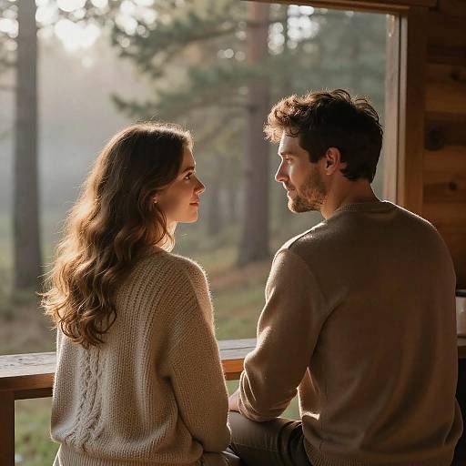 Couple sharing serene moment on cabin porch