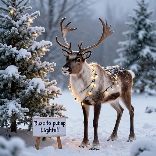 Reindeer Wrapped in Christmas Lights in Snowy Meadow