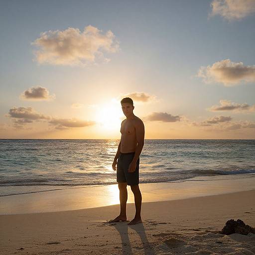 Photograph of a shirtless, muscular man in black swim trunks standing on a sandy beach at sunset, with the sun glowing behind him and a