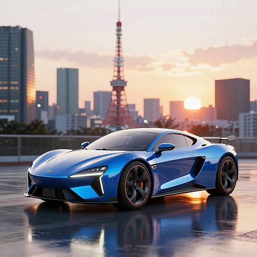 Futuristic Blue Sports Car in Tokyo at Sunset