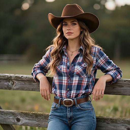 Photograph of a young woman with long wavy brown hair, wearing a brown cowboy hat, blue plaid shirt, and blue jeans, leaning on