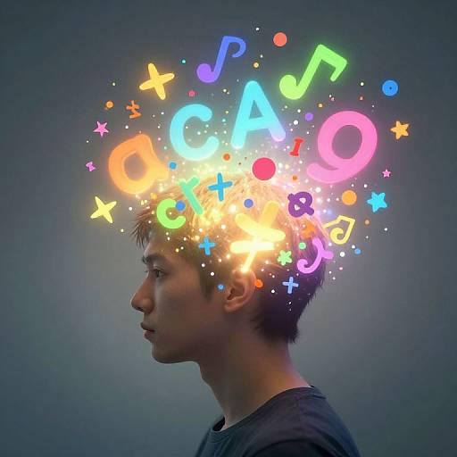 Photograph of a young man in profile with colorful musical notes and symbols emanating from his head against a gray background.