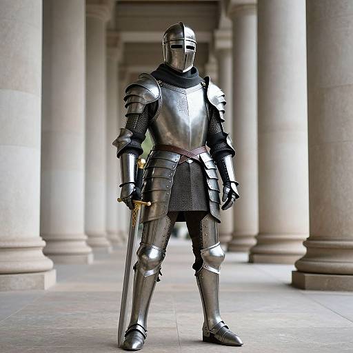 Photorealistic digital image of a knight in shiny silver armor, standing with sword in hand, under colonnade with tall columns.