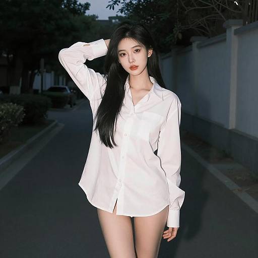 Confident Asian Woman on Night Path