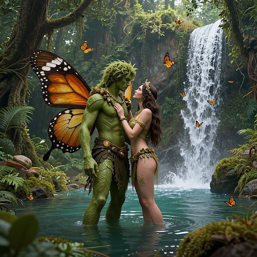 Fantasy forest scene: green fairy man with large orange butterfly wings, muscular, and topless, gazes at topless, dark-haired fairy woman