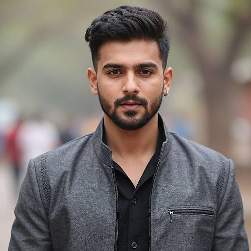 Photograph of a young, dark-haired, bearded Indian man with a serious expression, wearing a black button-up shirt and gray jacket, standing outdoors