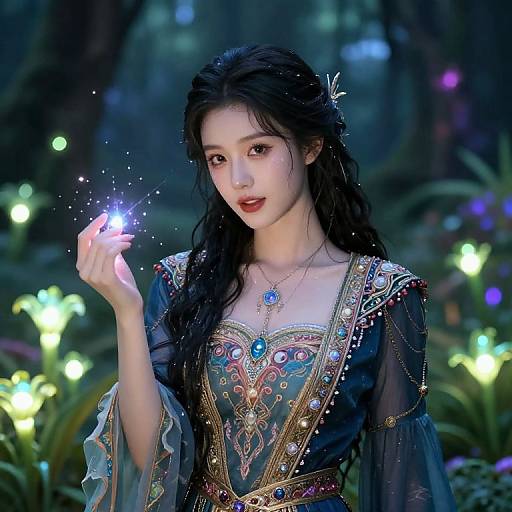 Digital art of an ethereal Asian woman with long black hair, wearing an ornate blue dress, holding a glowing fairy in a magical forest.
