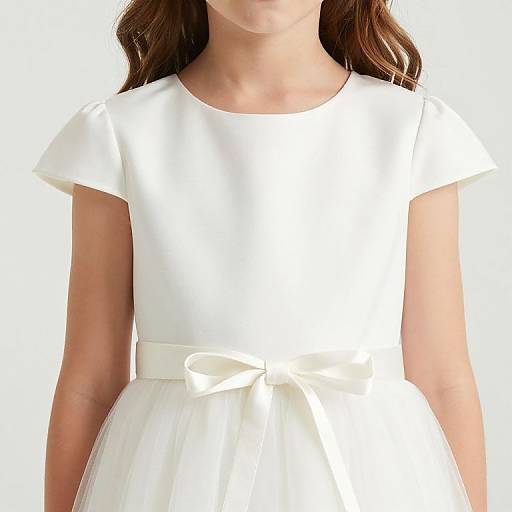 Photograph of a young girl with long brown hair wearing a simple, white, short-sleeved, knee-length dress with a tied waist, against