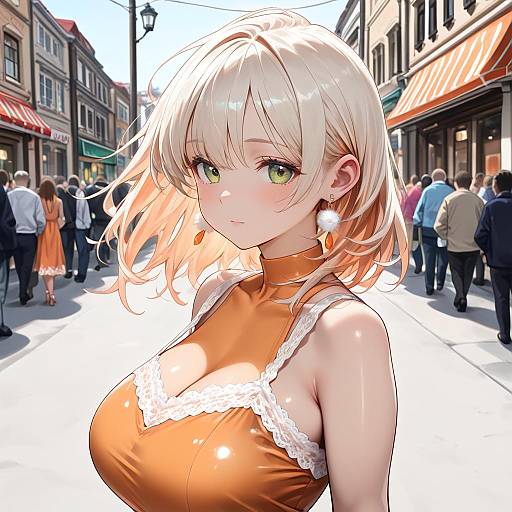 Anime-style digital illustration of a blonde woman with green eyes, wearing an orange lace-trimmed dress, standing in a bustling city street.