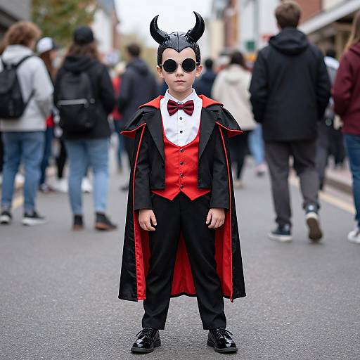 Photograph of a young boy in a vampire costume with black cape, red vest, white shirt, black pants, and round sunglasses, standing on a