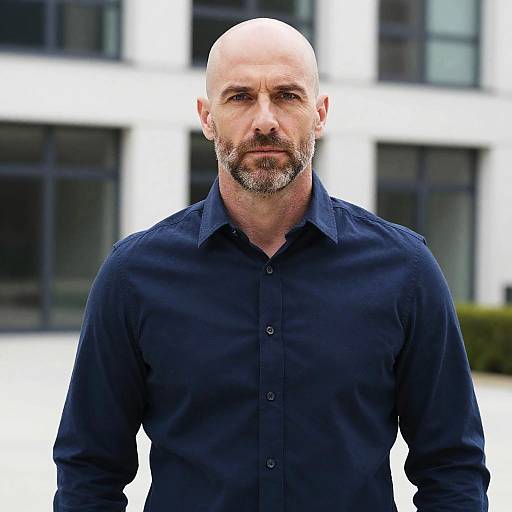 Photograph of a bald, middle-aged man with a gray beard, wearing a dark blue button-up shirt, standing in front of a modern, white
