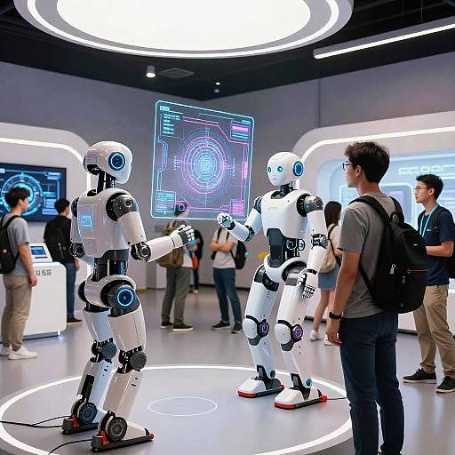 Photograph of a futuristic exhibition featuring two white humanoid robots interacting with a glowing holographic screen, surrounded by onlookers.