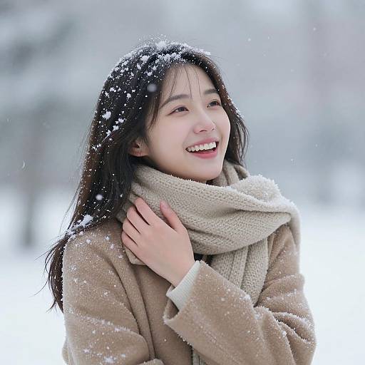 Young Woman Enjoying Snowfall