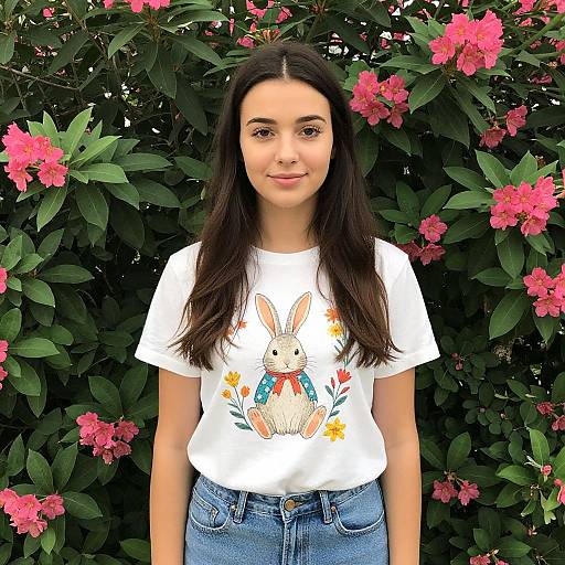 Young Woman in Bunny T-Shirt by Flowering Shrub