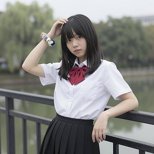 Asian Woman on a Metal Bridge