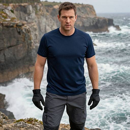 Photograph of a muscular man with short brown hair, wearing a navy t-shirt, black gloves, and gray pants, standing on rocky cliffs with crashing