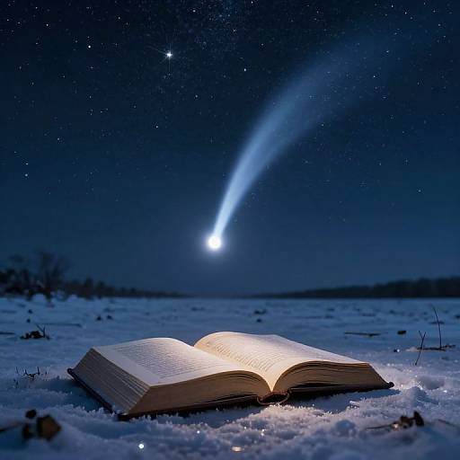 Photograph of an open book glowing in the snow under a starry night sky with a bright comet streaking across.