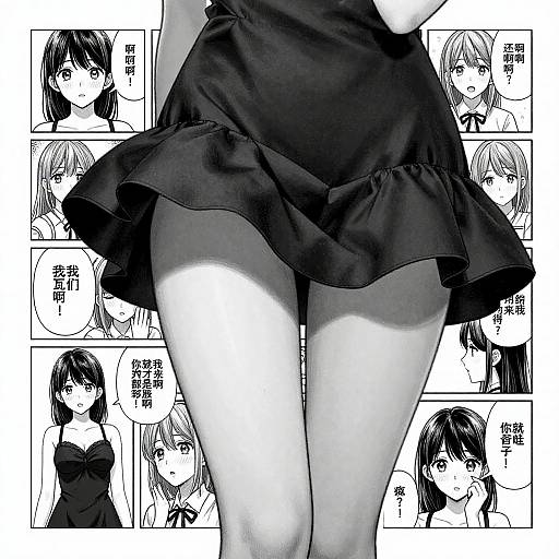 Black-and-white manga illustration showing a close-up of a woman's legs and black skirt, surrounded by smaller panels of her face and dialogue in Japanese.