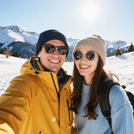 Joyful Couple Snowy Mountain Selfie