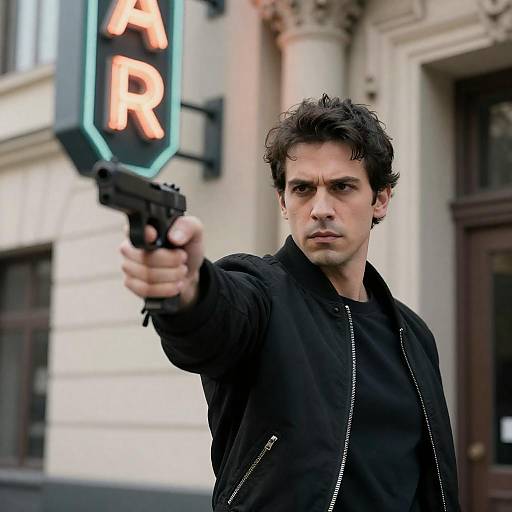 Intense Man with Gun in Urban Setting