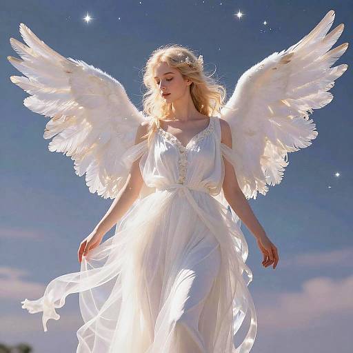 Photograph of a blonde angel with glowing white wings and dress, illuminated by sunlight against a starry blue sky.
